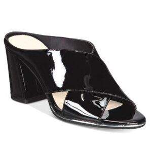LIKE-NEW Kenneth Cole Lyra Black Patent Leather Block-Heel Crisscross Sandal 7.5